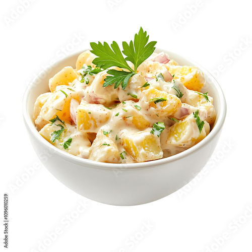 Creamy potato salad with fresh herbs in a bowl isolated on transparent background.