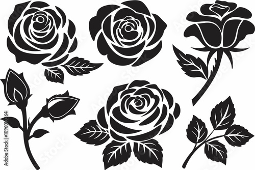 Set of Elegant Rose Silhouettes Vector Art for Floral Designs and Branding

