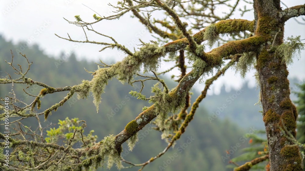 Close-up of a cedar tree's intricate branches with moss and lichen, foliage, woodlands, forest, outdoors, greenery Close-up of a cedar tree's intricate branches with moss and lichen, foliage, woodlands, forest, outdoors, greenery
