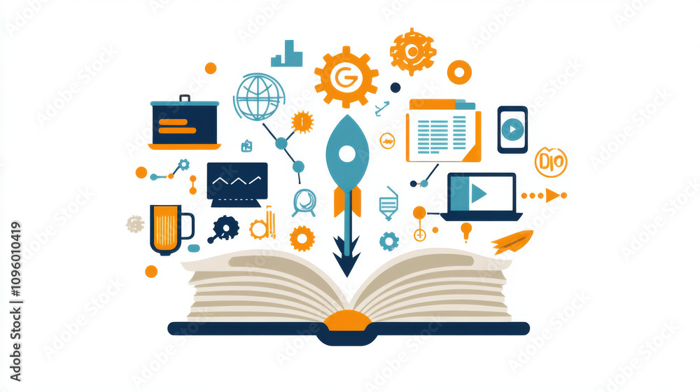 An open book with an arrow pointing upwards, symbolizing growth and progress in online education. The background is white, adorned by icons representing various educational tools An open book with an arrow pointing upwards, symbolizing growth and progress in online education. The background is white, adorned by icons representing various educational tools