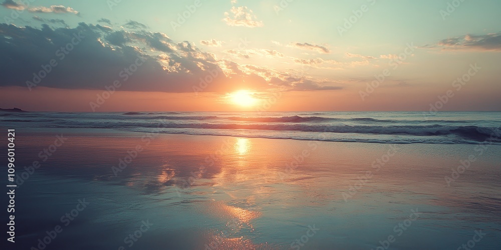 Obraz premium Serene sundown at the beach, capturing the stunning beauty of the sundown in a coastal setting. Experience the tranquility of the beach during sundown, where nature displays its finest colors.