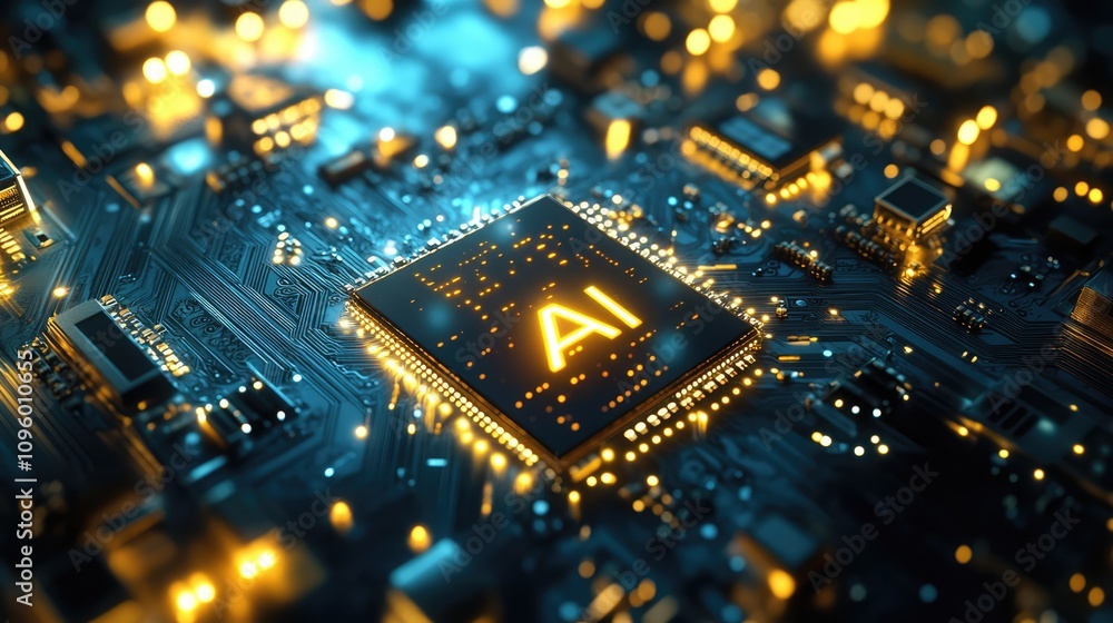 AI Chip on Circuit Board: A futuristic and abstract image depicting an illuminated AI Chip on Circuit Board: A futuristic and abstract image depicting an illuminated