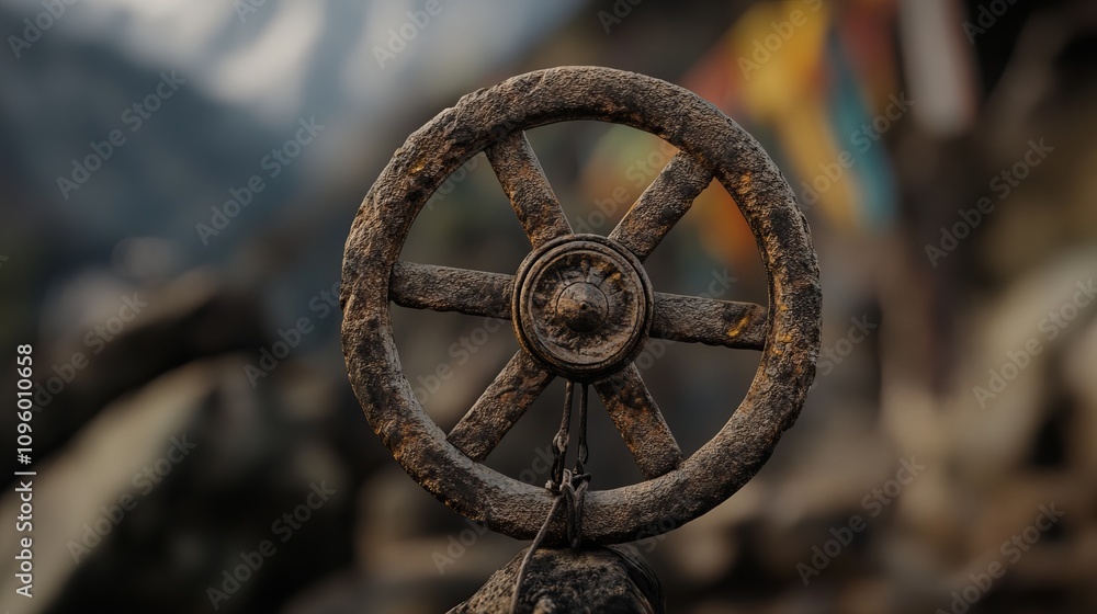 Obraz premium A close-up of a weathered metal wheel with six spokes, set against a blurred background of colorful flags and mountains.