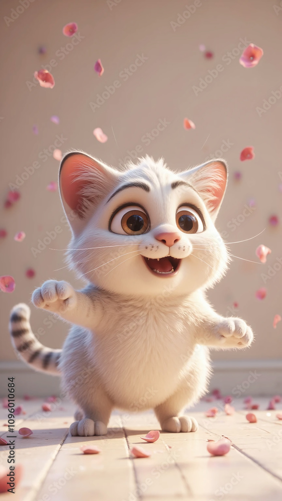 A cheerful white kitten with big expressive eyes, standing on its hind legs surrounded by falling pink flower petals. A cheerful white kitten with big expressive eyes, standing on its hind legs surrounded by falling pink flower petals.
