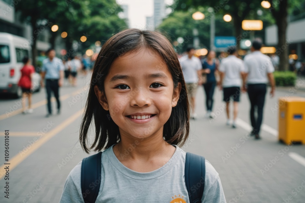 Close portrait of a smiling Singaporean female kid looking at the camera, Singaporean outdoors blurred background Close portrait of a smiling Singaporean female kid looking at the camera, Singaporean outdoors blurred background