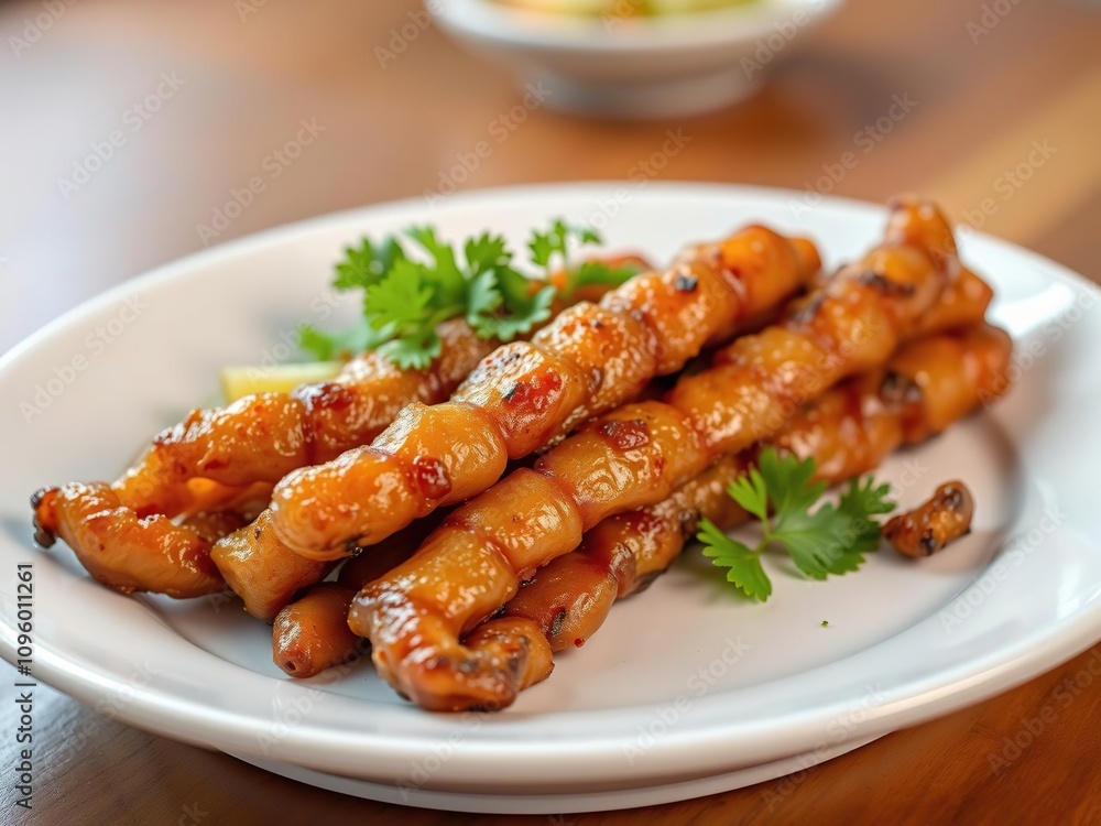 Close-up of crispy fried pork intestine on a plate with garnish, cooking, close-up Close-up of crispy fried pork intestine on a plate with garnish, cooking, close-up