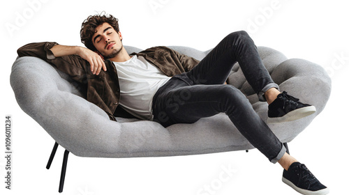 Young man relaxing on a modern gray sofa isolated on transparent background.