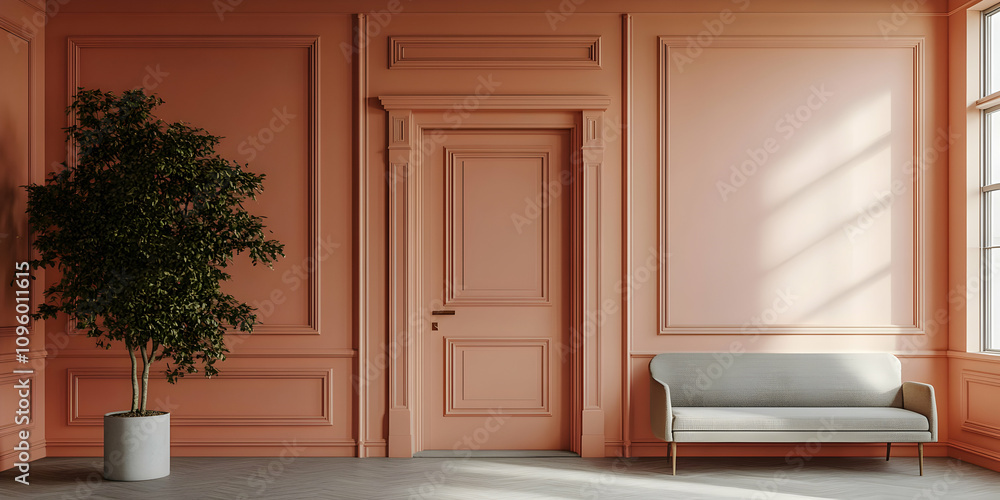Fototapeta premium 3D Render of a Peach-Colored Room with a Panelled Wall, Door, and Modern Sofa