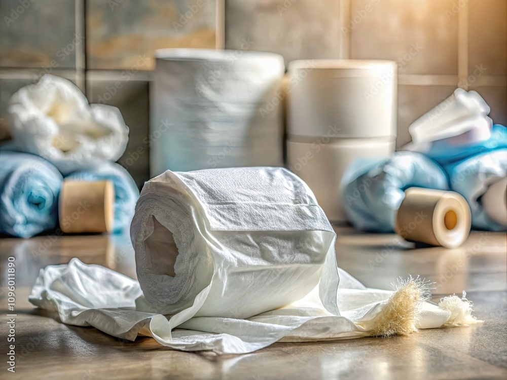 Macro Photography of Adult Diaper on Bathroom Floor with Incontinence Products and Toilet Paper Highlighting Daily Hygiene Challenges Macro Photography of Adult Diaper on Bathroom Floor with Incontinence Products and Toilet Paper Highlighting Daily Hygiene Challenges