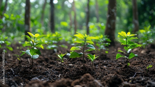 Forest regrowth with young trees, restored ecosystem, Net Zero goal