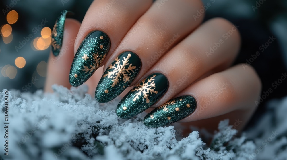 A close-up of beautifully manicured nails with a festive winter design featuring snowflakes. A close-up of beautifully manicured nails with a festive winter design featuring snowflakes.