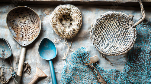 Various nets and scooping tools laid out on a table, showcasing textured surfaces and handles. photo