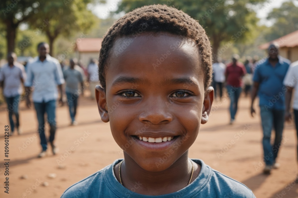 Close portrait of a smiling South African male kid looking at the camera, South African outdoors blurred background Close portrait of a smiling South African male kid looking at the camera, South African outdoors blurred background