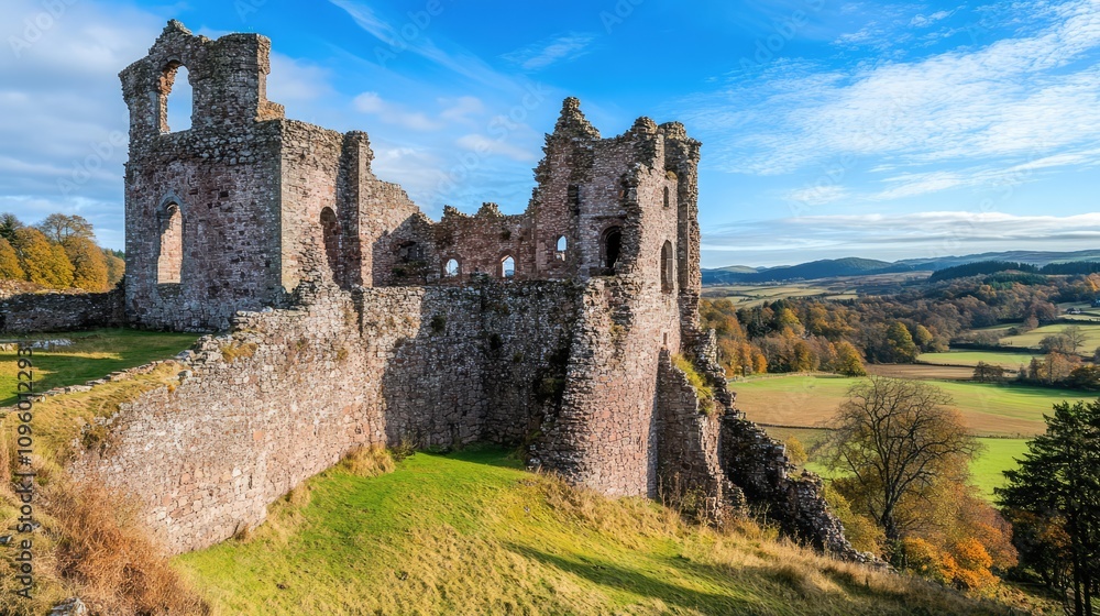 Ruins of a Historic Castle: A panoramic view of a crumbling castle perched atop a rolling hillside, its stone walls weathered by time and etched with the stories of centuries past. Ruins of a Historic Castle: A panoramic view of a crumbling castle perched atop a rolling hillside, its stone walls weathered by time and etched with the stories of centuries past.