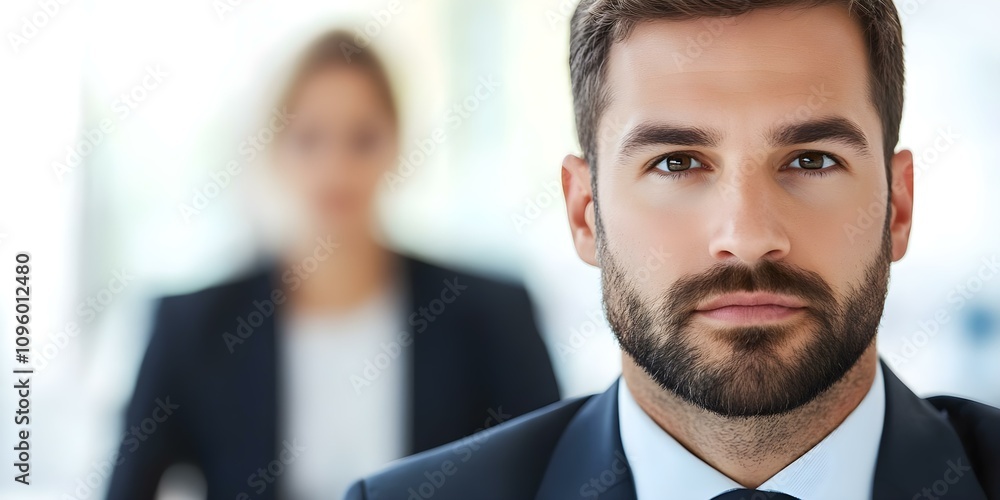 A man in a suit with a serious expression, seated in an office setting, with a blurred woman in the background. Concept Professional Attire, Office Environment, Serious Expression A man in a suit with a serious expression, seated in an office setting, with a blurred woman in the background. Concept Professional Attire, Office Environment, Serious Expression