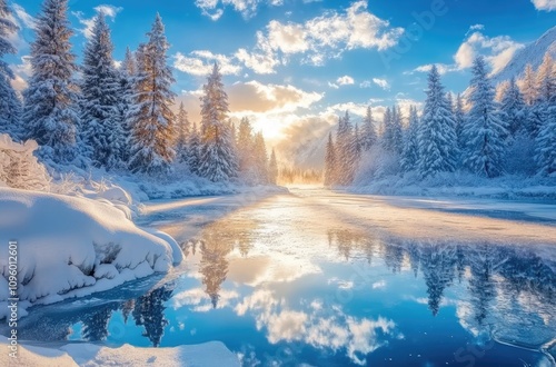 A serene winter landscape with snow-covered trees, a frozen lake reflecting the clear blue sky, and sunlight creating sparkling icicles on plants