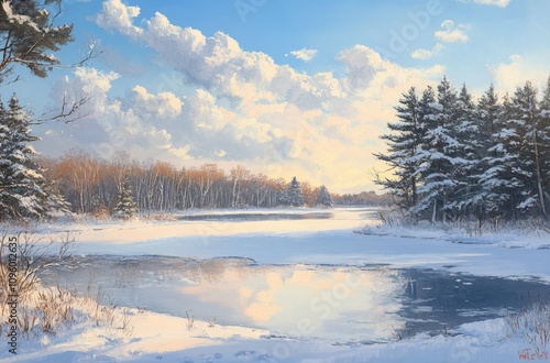 A serene winter landscape with snow-covered trees, a frozen lake reflecting the clear blue sky, and sunlight creating sparkling icicles on plants