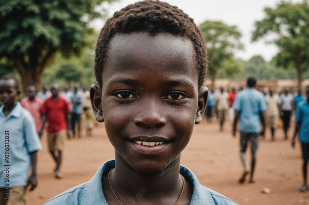 Close portrait of a smiling South Sudanese male kid looking at the camera, South Sudanese outdoors blurred background Close portrait of a smiling South Sudanese male kid looking at the camera, South Sudanese outdoors blurred background
