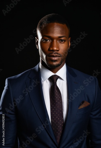 Handsome african man in suit on black background black businessman portrait Ultra realistic Photorealistic hyperdetailed photography soft light head and shoulders portrait cover