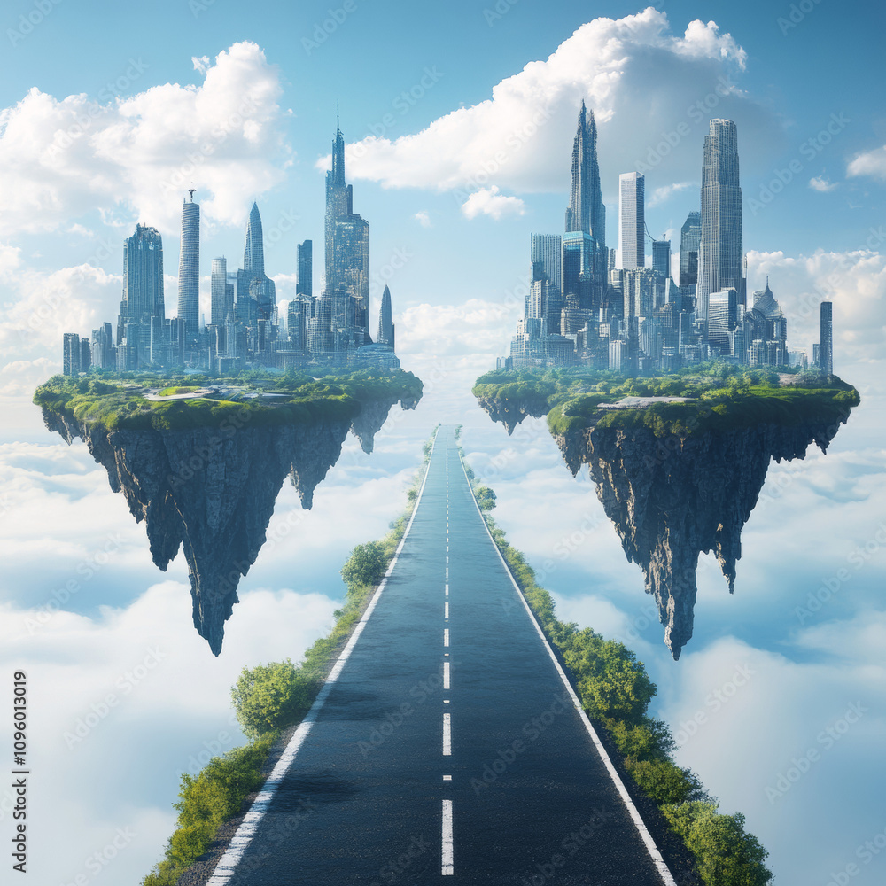 Fototapeta premium An incredible fantasy scene featuring floating islands adorned with lush greenery and waterfalls, seamlessly blending with a modern city skyline. The islands hover above an expansive landscape, connec