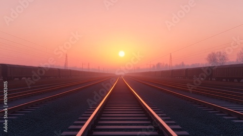 The Long Road Ahead: A train track recedes into the distance, vanishing into the ethereal glow of a breathtaking sunrise. The scene evokes a sense of journey, possibility. photo