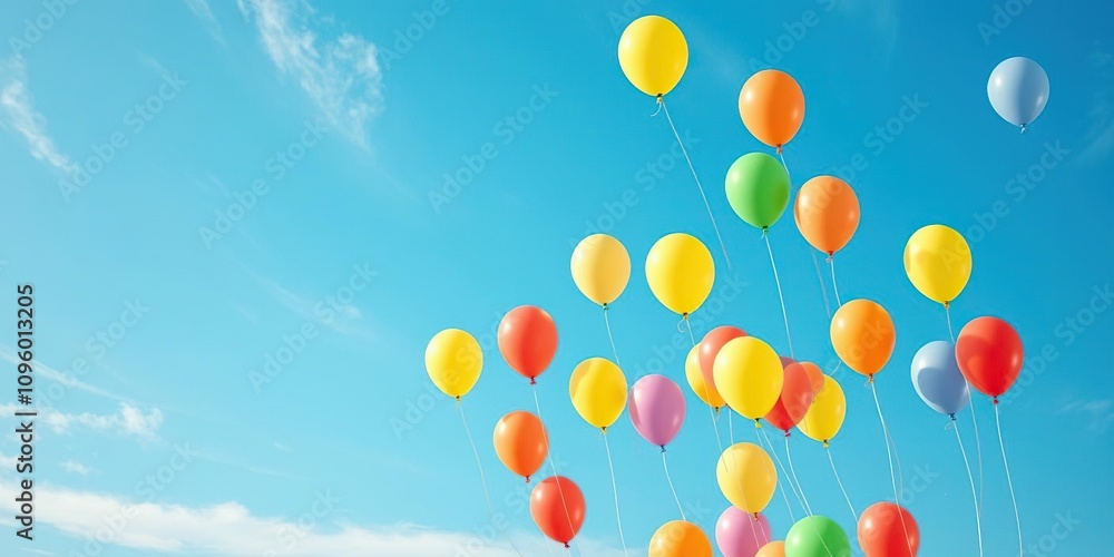 Colorful balloons floating in mid-air against a bright blue background with wispy white clouds and a few scattered stars, whimsy, blue background Colorful balloons floating in mid-air against a bright blue background with wispy white clouds and a few scattered stars, whimsy, blue background