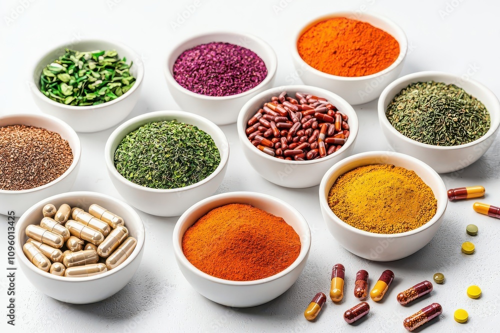Alternative medicine ingredients with colorful spices and supplements in bowls, 3D illustration Alternative medicine ingredients with colorful spices and supplements in bowls, 3D illustration