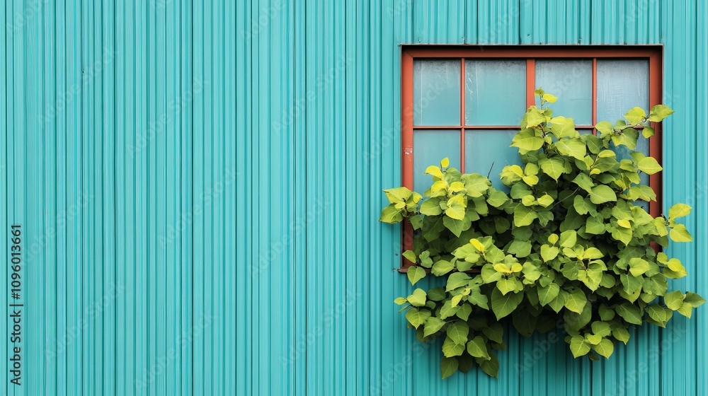 Teal Wall with Leafy Window: A vibrant green vine cascades from a rustic brown window frame set against a teal corrugated metal wall, creating a captivating contrast of textures and colors. Teal Wall with Leafy Window: A vibrant green vine cascades from a rustic brown window frame set against a teal corrugated metal wall, creating a captivating contrast of textures and colors.