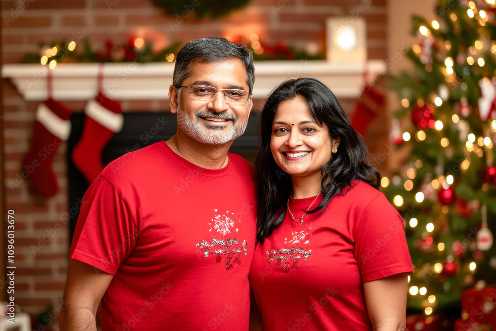Fototapeta premium happy couple hug to each other celebrating Christmas