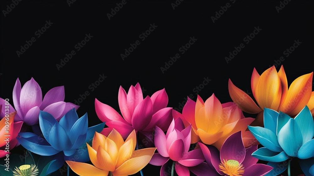 Brightly Colored Lotus Flowers on Black Background Brightly Colored Lotus Flowers on Black Background