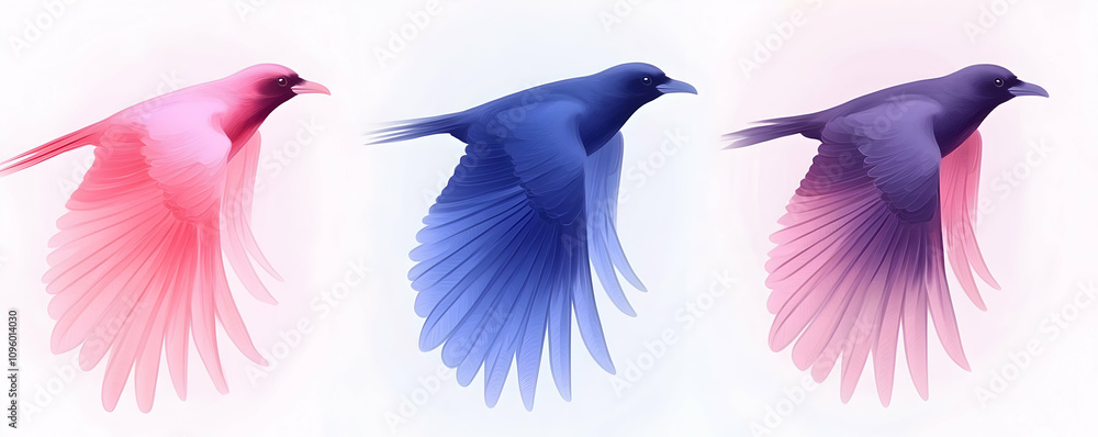 Three Birds in Flight: Pink, Blue, Purple Gradient Wings, Artistic Digital Illustration Three Birds in Flight: Pink, Blue, Purple Gradient Wings, Artistic Digital Illustration