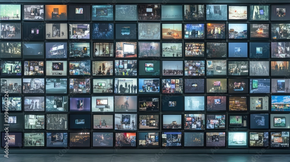 Data Center with Many Video Screens Displaying News and Videos Data Center with Many Video Screens Displaying News and Videos