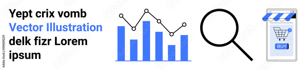 Bar graph, line chart, search magnifier, and online store icon. Ideal for business analysis, market research, SEO, digital marketing, e-commerce, data visualization, web design. Landing page Bar graph, line chart, search magnifier, and online store icon. Ideal for business analysis, market research, SEO, digital marketing, e-commerce, data visualization, web design. Landing page