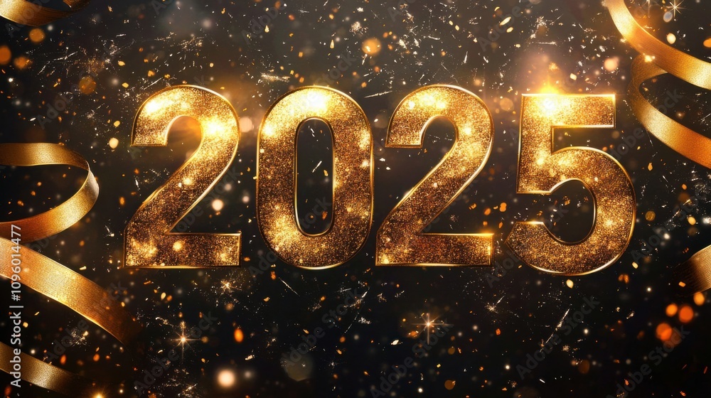 2025 banner with golden ribbons and shimmering lights for a festive New Year atmosphere 2025 banner with golden ribbons and shimmering lights for a festive New Year atmosphere