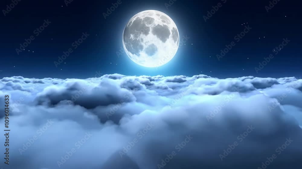 The full moon casts a luminous glow on thick clouds, creating a magical atmosphere under a starry night sky. The scene evokes tranquility and wonder. The full moon casts a luminous glow on thick clouds, creating a magical atmosphere under a starry night sky. The scene evokes tranquility and wonder.