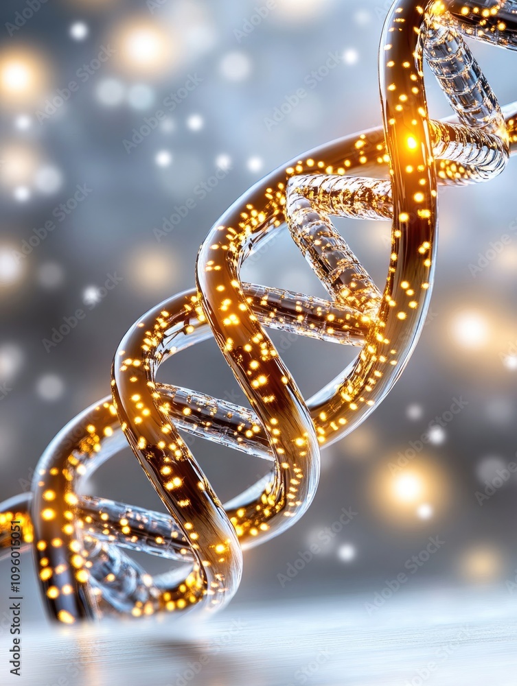 Glowing DNA Helix with Sparkling Lights on a Blurred Background Representing Genetic Science and Biotechnology Glowing DNA Helix with Sparkling Lights on a Blurred Background Representing Genetic Science and Biotechnology