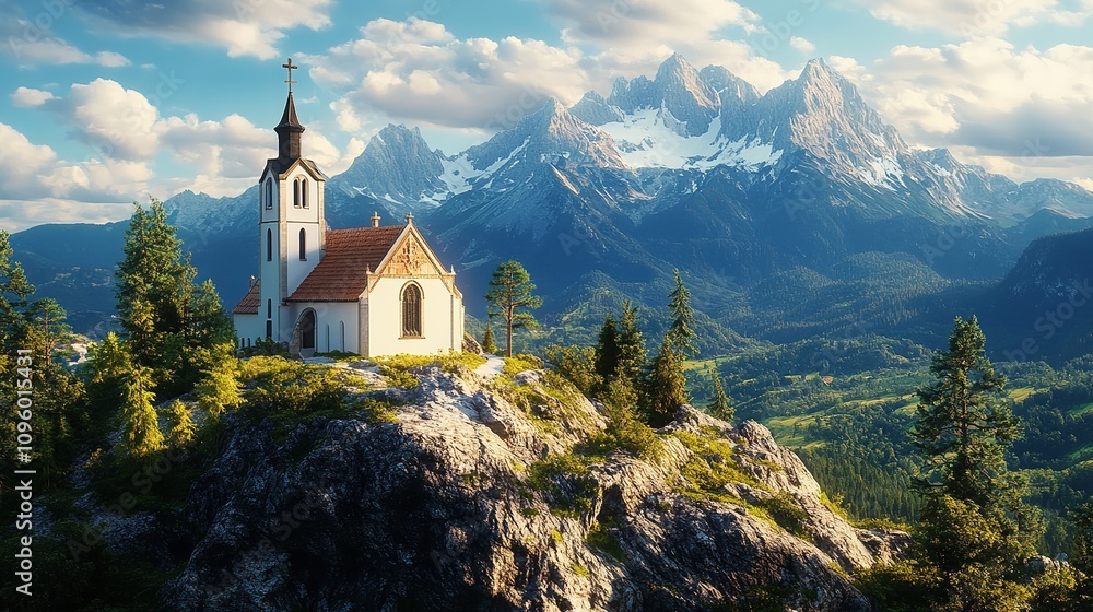Panorama of Johannesberg Chapel and Traunstein Mountain with Scenic View Panorama of Johannesberg Chapel and Traunstein Mountain with Scenic View