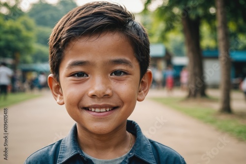 Close portrait of a smiling Thai male kid looking at the camera, Thai outdoors blurred background