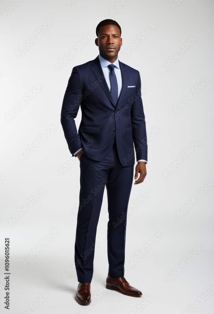 Well-tailored navy suit, confident businessman pose, professional attire, studio lighting, white background, brown leather shoes, light blue dress shirt, dark blue tie, polished appearance, full-lengt Well-tailored navy suit, confident businessman pose, professional attire, studio lighting, white background, brown leather shoes, light blue dress shirt, dark blue tie, polished appearance, full-lengt