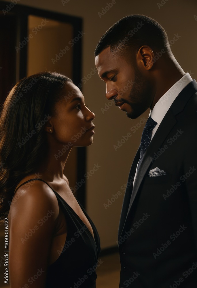 A man in a suit is looking at a woman in a black dress black businessman portrait Ultra realistic Photorealistic hyperdetailed photography soft light head and shoulders portrait cover A man in a suit is looking at a woman in a black dress black businessman portrait Ultra realistic Photorealistic hyperdetailed photography soft light head and shoulders portrait cover