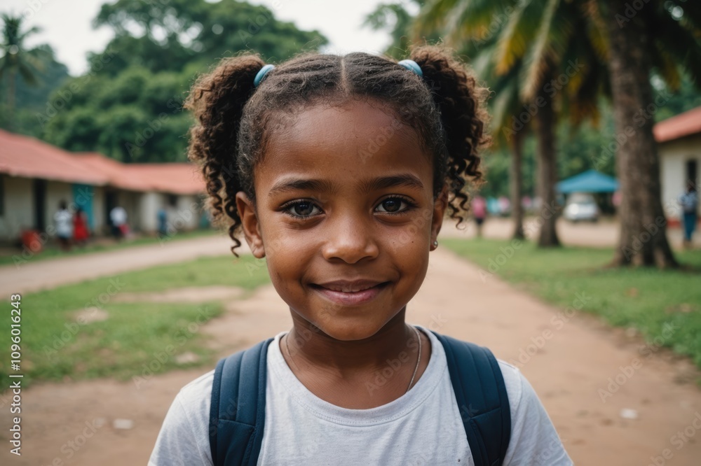 Close portrait of a smiling Trinidadian female kid looking at the camera, Trinidadian outdoors blurred background Close portrait of a smiling Trinidadian female kid looking at the camera, Trinidadian outdoors blurred background