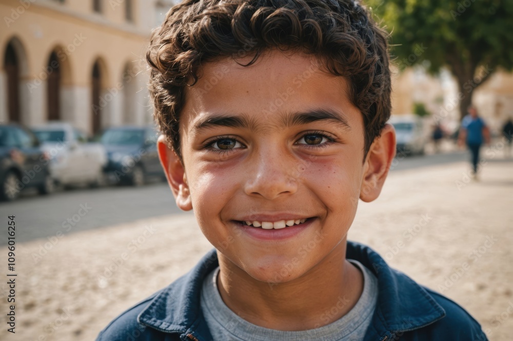 Close portrait of a smiling Tunisian male kid looking at the camera, Tunisian outdoors blurred background Close portrait of a smiling Tunisian male kid looking at the camera, Tunisian outdoors blurred background