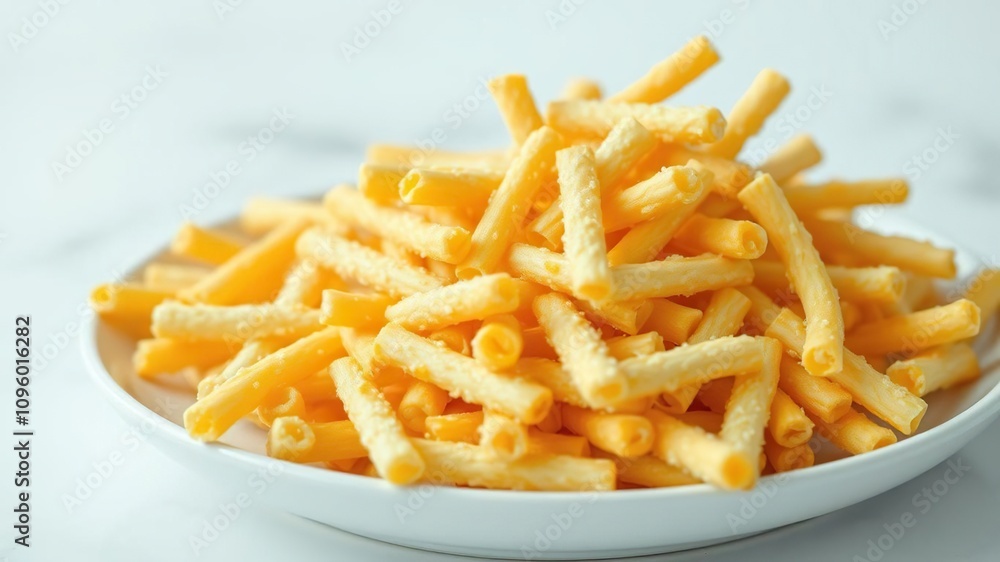 Crunchy corn sticks piled high in a plate on a white surface, isolated object, crunchy snack Crunchy corn sticks piled high in a plate on a white surface, isolated object, crunchy snack