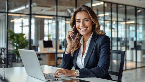 A confident businesswoman smiles while talking on her phone in a modern open-plan office. She works on a laptop, embodying professionalism and success in a corporate environment.