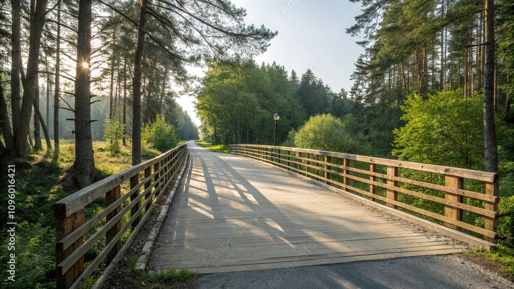 Cycle path passing over a wooden bridge in the forest, autumn forest, natural surroundings, tree trunks Cycle path passing over a wooden bridge in the forest, autumn forest, natural surroundings, tree trunks