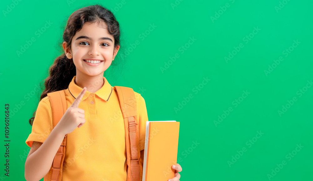 Obraz premium A young, handsome and happy Indian girl student pointing his finger at the empty space, smiling and standing against a yellow background.