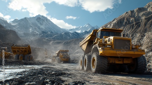 Heavy machinery operates in a remote mining site surrounded by majestic snow-capped mountains, conveying the power and scale of industrial operations in rugged terrain. photo