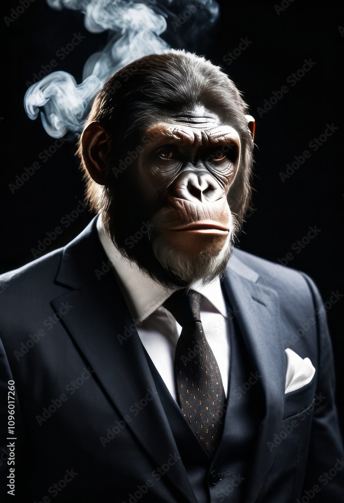 Apes wearing suits isolated on a black background with a smoke effect black businessman portrait Ultra realistic Photorealistic hyperdetailed photography soft light head and shoulders portrait cover Apes wearing suits isolated on a black background with a smoke effect black businessman portrait Ultra realistic Photorealistic hyperdetailed photography soft light head and shoulders portrait cover