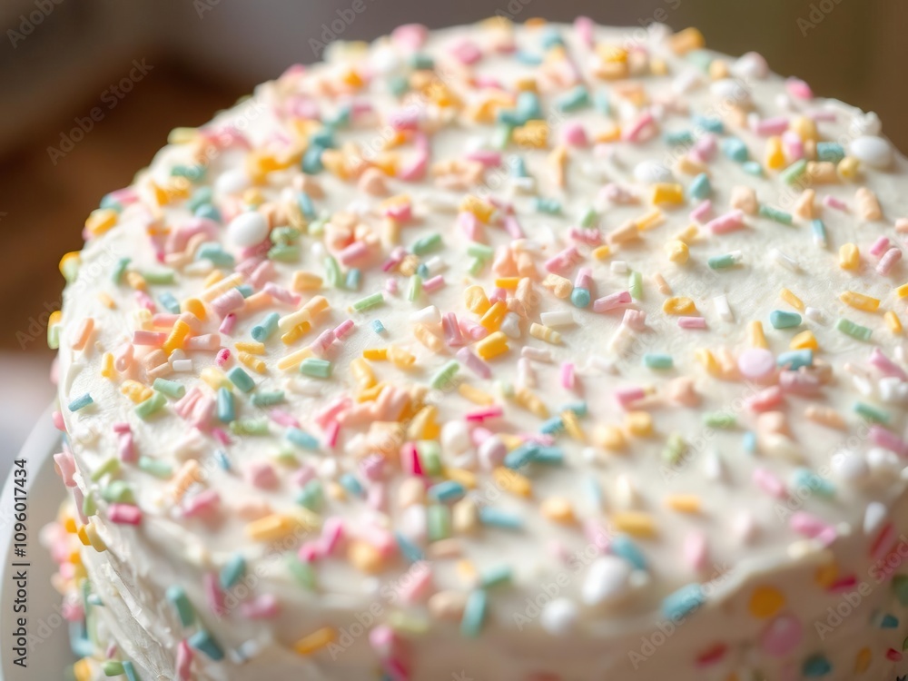 Delicate pastel-colored sprinkles scattered across the surface of a white birthday cake, birthday cake, pastel colors, sweet treats Delicate pastel-colored sprinkles scattered across the surface of a white birthday cake, birthday cake, pastel colors, sweet treats