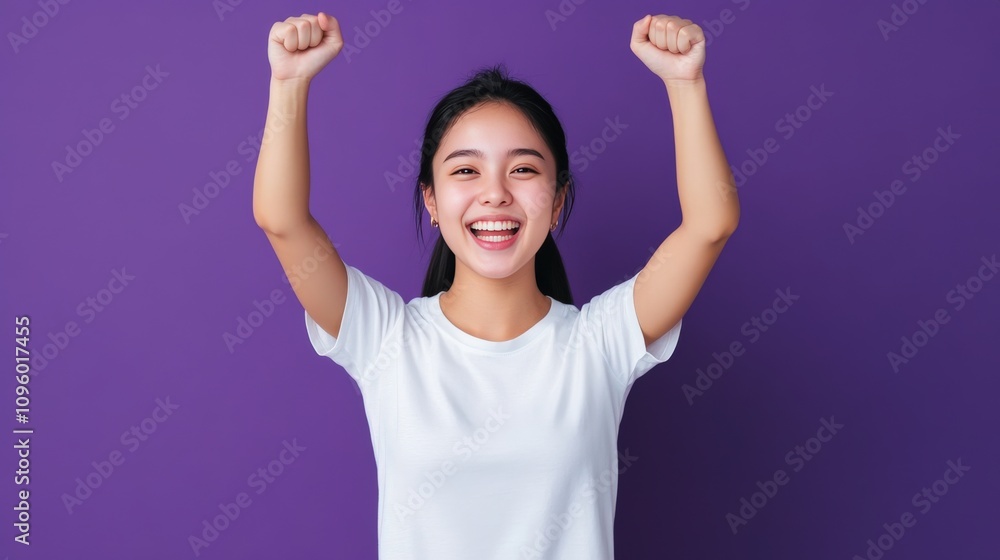 Happy Woman Celebrating Success With Raised Fists Happy Woman Celebrating Success With Raised Fists